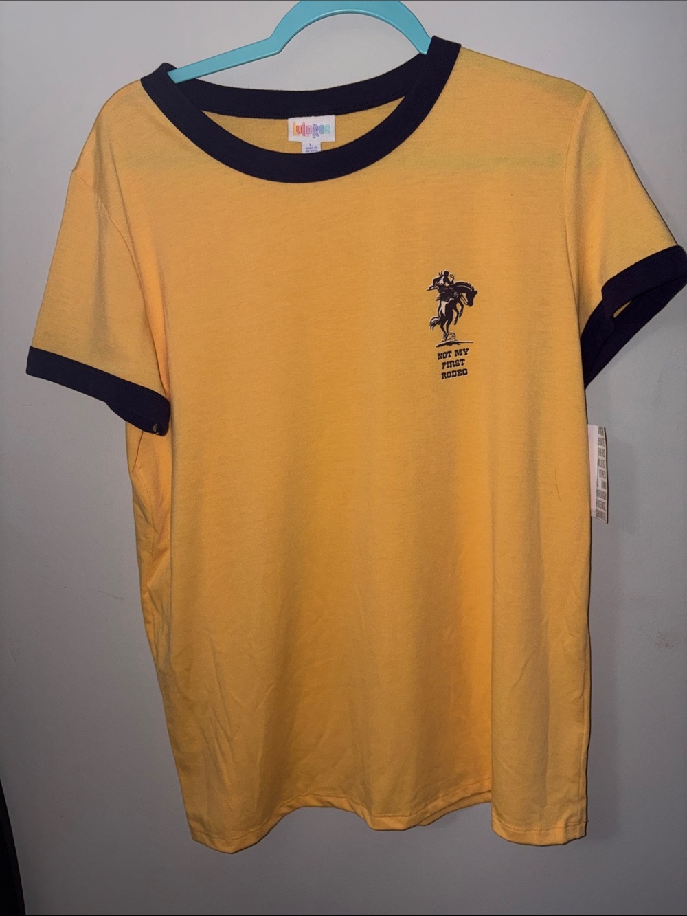 LuLaRoe Yellow Ringer Tee with Navy Trim